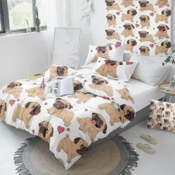 The Gilded Nest Wohndeko-Hippie-Mops-Welpen-Bettwäscheset – 3-teiliges Cartoon-Bettbezug-Komfortset