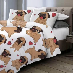 The Gilded Nest Wohndeko-Hippie-Mops-Welpen-Bettwäscheset – 3-teiliges Cartoon-Bettbezug-Komfortset