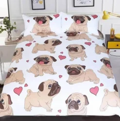 The Gilded Nest Wohndeko-Hippie-Mops-Welpen-Bettwäscheset – 3-teiliges Cartoon-Bettbezug-Komfortset