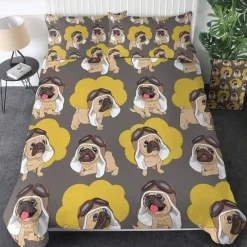 The Gilded Nest Wohndeko-Hippie-Mops-Welpen-Bettwäscheset – 3-teiliges Cartoon-Bettbezug-Komfortset