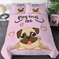 The Gilded Nest Wohndeko-Hippie-Mops-Welpen-Bettwäscheset – 3-teiliges Cartoon-Bettbezug-Komfortset