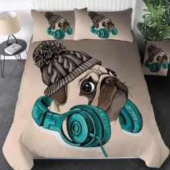 The Gilded Nest Wohndeko-Hippie-Mops-Welpen-Bettwäscheset – 3-teiliges Cartoon-Bettbezug-Komfortset