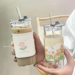 Plates u0026 More Küche & Esszimmer-Hitzebeständiger Glasbecher – Deckel mit Strohhalm für Kaffee, Tee, Saft