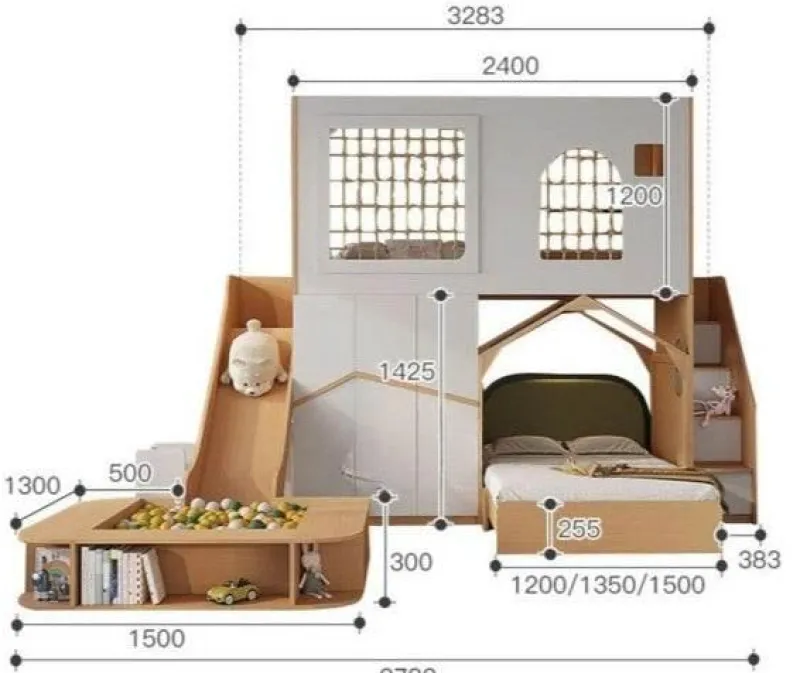 Kinder The Decor Haven Kinderzimmermöbel|Möbel-Hochbett aus Holz mit Rutsche – Kinderspielplatz-Bettset