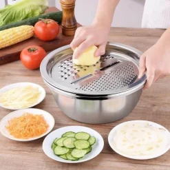 Deco Küche & Esszimmer-3-in-1-Gemüseschneider aus Edelstahl mit Abtropfkorb
