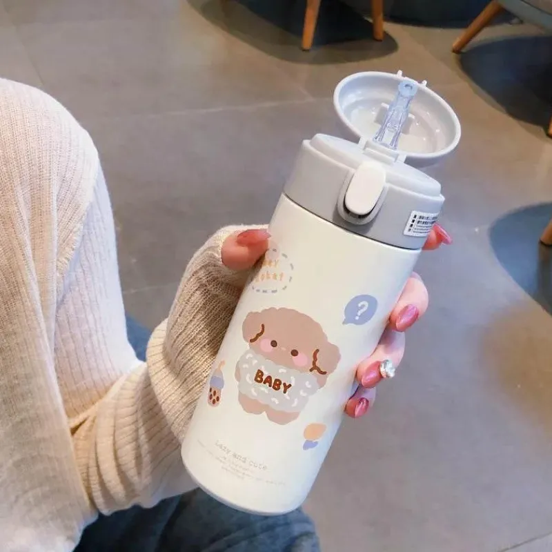 Tom Küche & Esszimmer-Isolierter Edelstahlbecher mit Strohhalm – süße Thermo-Wasserflasche