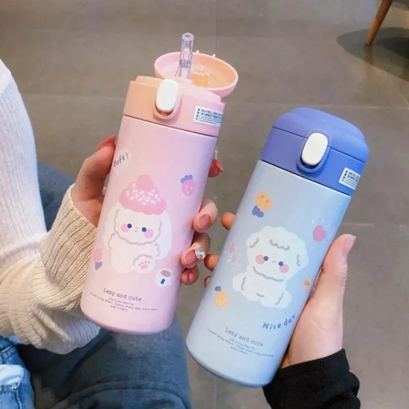 Tom Küche & Esszimmer-Isolierter Edelstahlbecher mit Strohhalm – süße Thermo-Wasserflasche