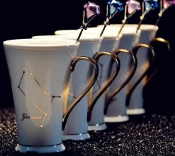 The Cozy Mug Küche & Esszimmer-Kaffeetassen mit Sternzeichen - Keramik-Set in Weißgold