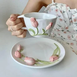 Plates u0026 More Küche & Esszimmer-Keramik Rosa Tulpe Teetasse Kuchenteller - Küchenzubehör-Set