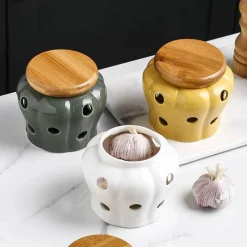 Tom Küche & Esszimmer-Keramik-Knoblauchbehälter mit Deckel – hohles, durchbrochenes Vorratsglas für frischen Knoblauch