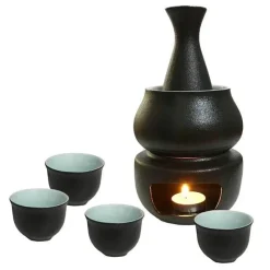 Elegance at the Table Küche & Esszimmer-Keramik-Sake-Set mit Wärmer, 4 passenden Tassen – elegantes japanisches Trinkgeschirr