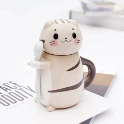 Brew Bliss Küche & Esszimmer-Keramiktasse mit Glückskatze und Löffel – süße Kaffeetasse