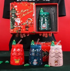 Tom Küche & Esszimmer-Keramiktasse mit Weihnachtsbaummotiv, mit Deckel und Strohhalm, festliches Weihnachtsgeschenk