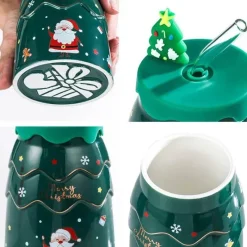 Tom Küche & Esszimmer-Keramiktasse mit Weihnachtsbaummotiv, mit Deckel und Strohhalm, festliches Weihnachtsgeschenk