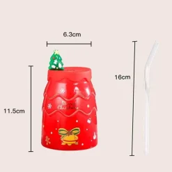 Tom Küche & Esszimmer-Keramiktasse mit Weihnachtsbaummotiv, mit Deckel und Strohhalm, festliches Weihnachtsgeschenk