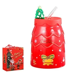 Tom Küche & Esszimmer-Keramiktasse mit Weihnachtsbaummotiv, mit Deckel und Strohhalm, festliches Weihnachtsgeschenk