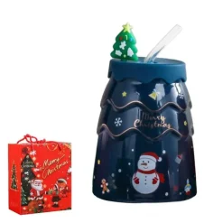 Tom Küche & Esszimmer-Keramiktasse mit Weihnachtsbaummotiv, mit Deckel und Strohhalm, festliches Weihnachtsgeschenk