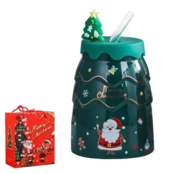 Tom Küche & Esszimmer-Keramiktasse mit Weihnachtsbaummotiv, mit Deckel und Strohhalm, festliches Weihnachtsgeschenk