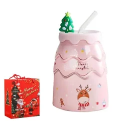 Tom Küche & Esszimmer-Keramiktasse mit Weihnachtsbaummotiv, mit Deckel und Strohhalm, festliches Weihnachtsgeschenk