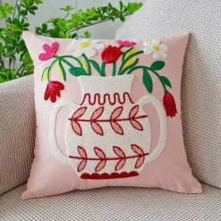 Pillow Haven Bettzeug-Kissenbezug mit Blumenstickerei - Baumwoll-Canvas-Heimdekor