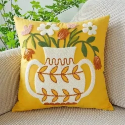 Pillow Haven Bettzeug-Kissenbezug mit Blumenstickerei - Baumwoll-Canvas-Heimdekor
