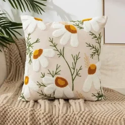 Pillow Haven Bettzeug-Kissenbezug mit Blumenstickerei - Baumwoll-Canvas-Heimdekor