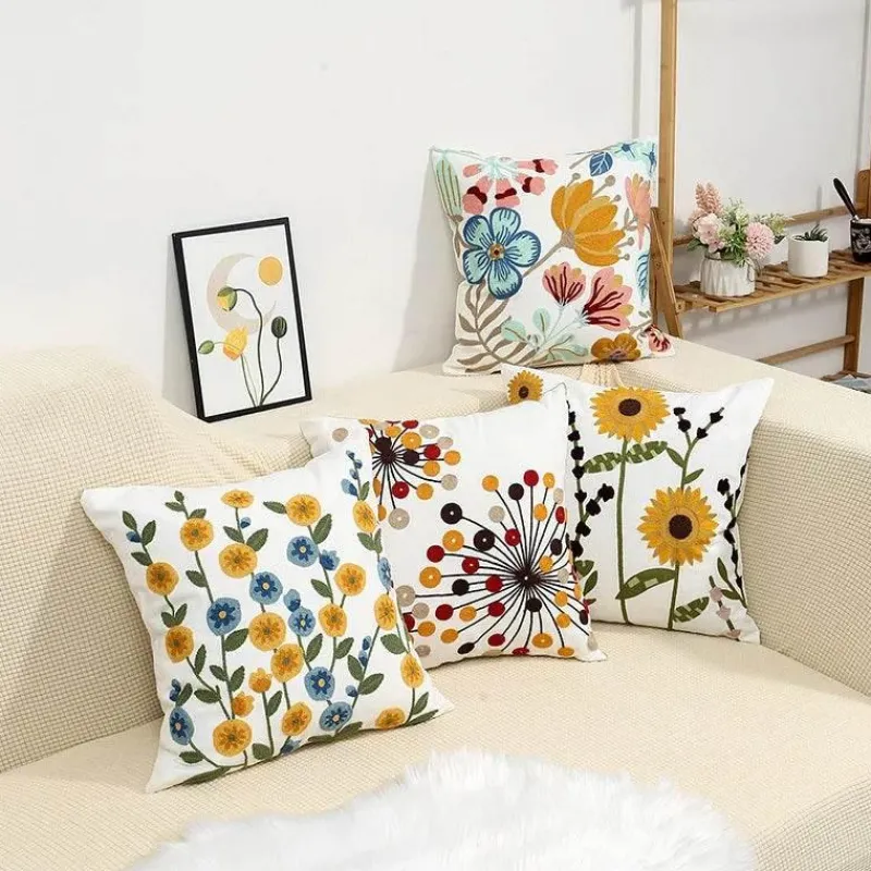 Pillow Haven Bettzeug-Kissenbezug mit Blumenstickerei 45x45 - Luxus-Canvas-Heimdekor