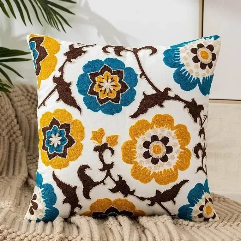 Pillow Haven Bettzeug-Kissenbezug mit Blumenstickerei 45x45 - Luxus-Canvas-Heimdekor