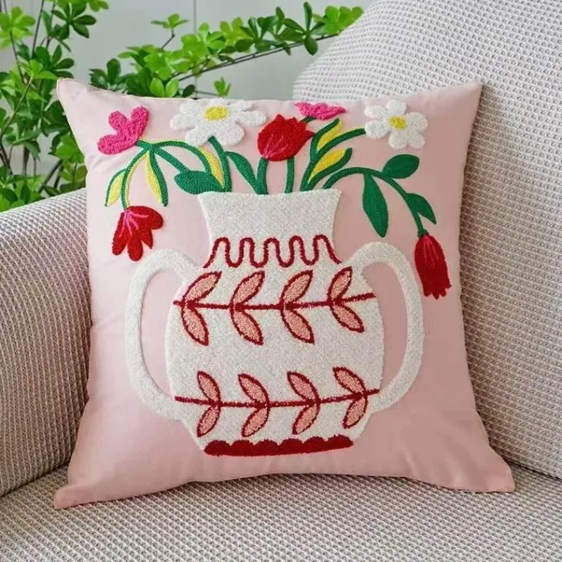 Pillow Haven Bettzeug-Kissenbezug mit Blumenstickerei 45x45 - Luxus-Canvas-Heimdekor