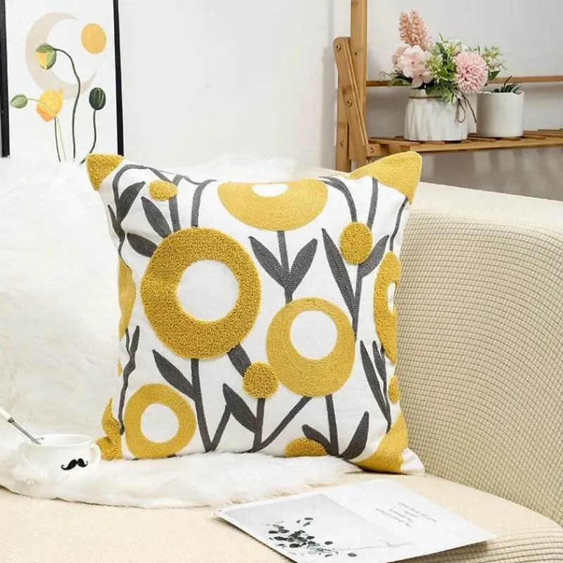 Pillow Haven Bettzeug-Kissenbezug mit Blumenstickerei 45x45 - Luxus-Canvas-Heimdekor