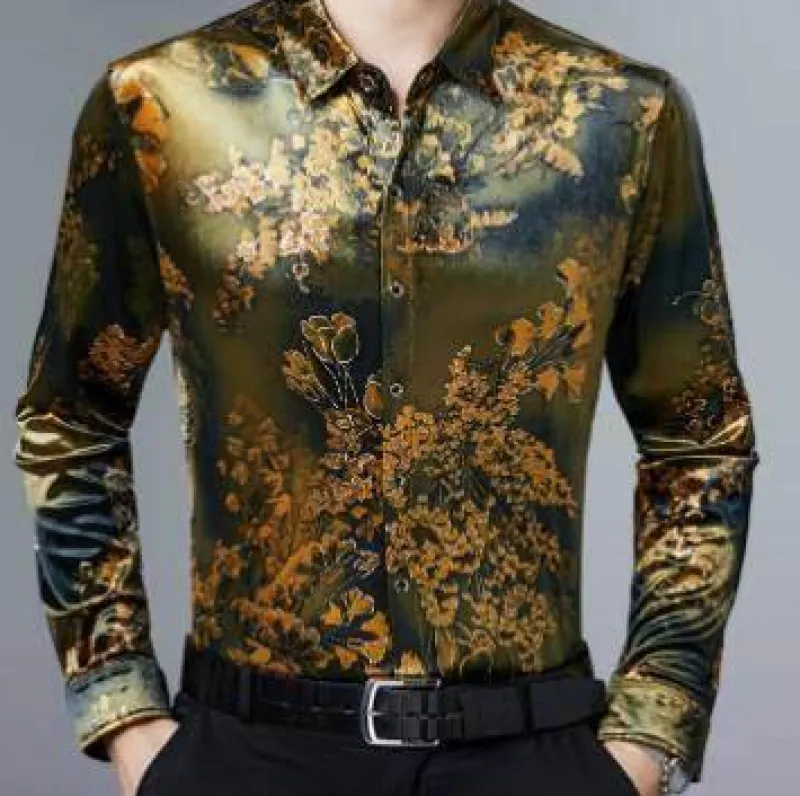 Herren Heritage Threads Herrenbekleidung-Langarmhemd aus Stretch-Samt für Herren mit Blumenmuster