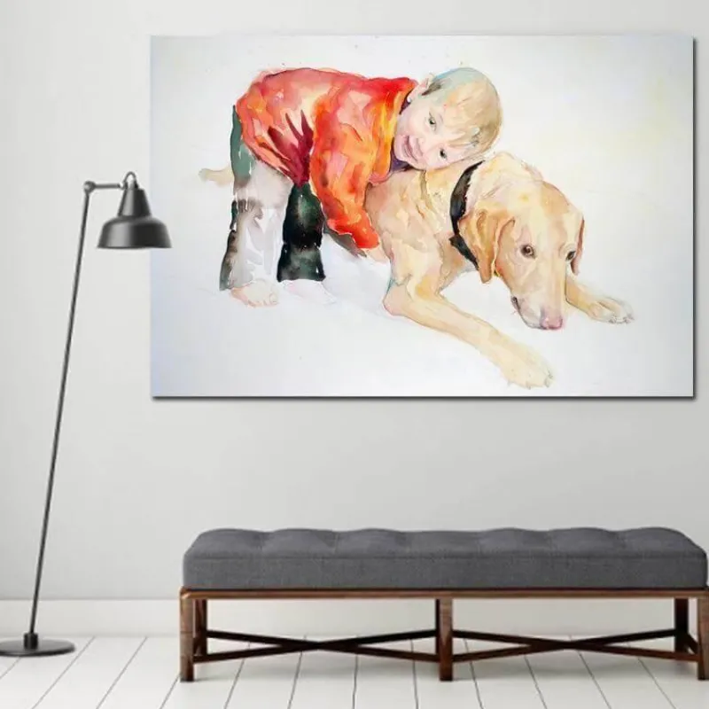 Comfort u0026 Style Wohndeko-Leinwandbild Junge und Hund – Schönes Haustier-Familiendekor
