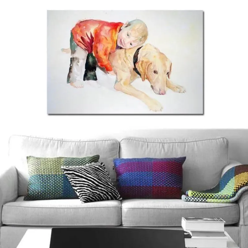 Comfort u0026 Style Wohndeko-Leinwandbild Junge und Hund – Schönes Haustier-Familiendekor