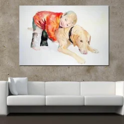 Comfort u0026 Style Wohndeko-Leinwandbild Junge und Hund – Schönes Haustier-Familiendekor