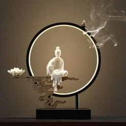 The Gilded Nest Beleuchtung-Lotus Buddha Ceramic Incense Burner Lamp - Decorative Aromatherapy Waterfall Lighting