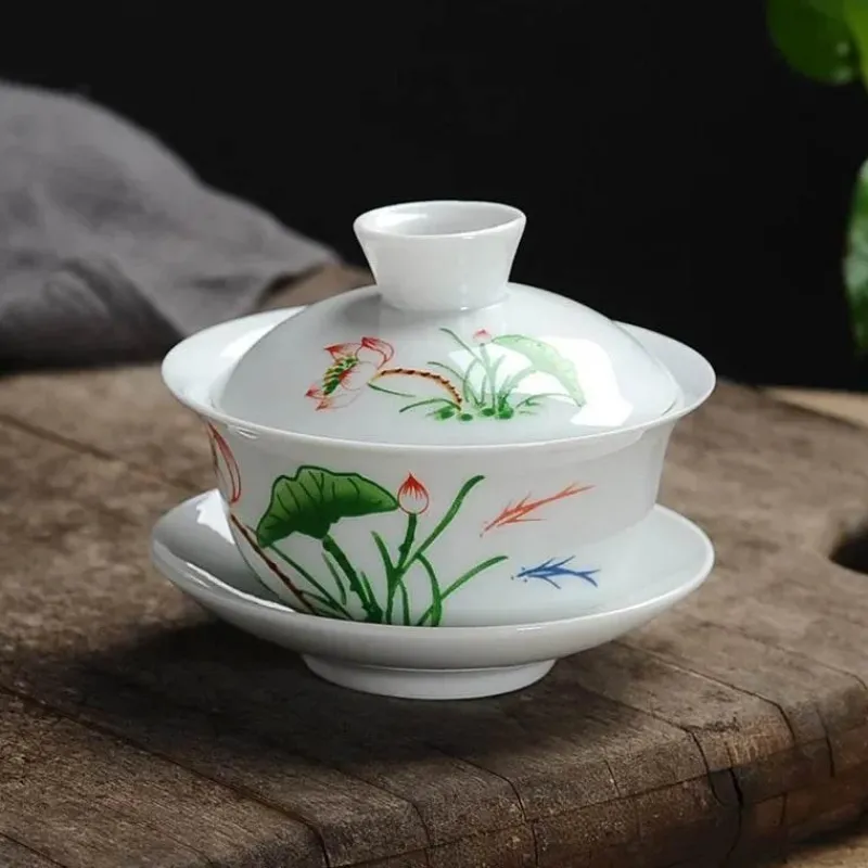 Plates u0026 More Küche & Esszimmer-Lotus Gaiwan Teeservice – handgezeichnete Porzellanteekanne mit Puer-Tasse