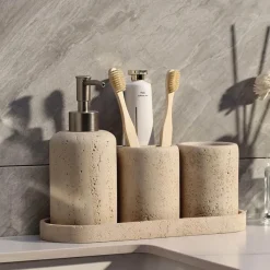 Serene Splash Badezimmer-Luxe Sandstone Bathroom Set - Elegant Bath Accessories Collection