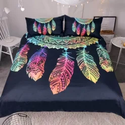 Cozy Haven Bettzeug-Luxuriöses Bohemian Dreamcatcher Bettbezug-Set - Bunte Federn Bettwäsche