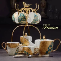 Feast u0026 Flair Küche & Esszimmer-Luxuriöses Kaffeeservice aus Knochenporzellan – Teekanne, Tassen, Zuckerdose, Milchkännchen mit Goldeinlage