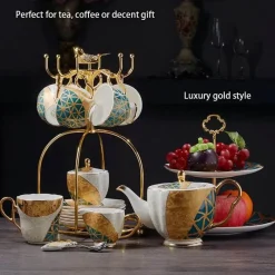 Feast u0026 Flair Küche & Esszimmer-Luxuriöses Kaffeeservice aus Knochenporzellan – Teekanne, Tassen, Zuckerdose, Milchkännchen mit Goldeinlage