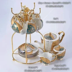 Feast u0026 Flair Küche & Esszimmer-Luxuriöses Kaffeeservice aus Knochenporzellan – Teekanne, Tassen, Zuckerdose, Milchkännchen mit Goldeinlage