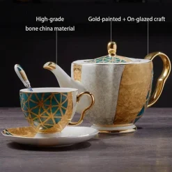 Feast u0026 Flair Küche & Esszimmer-Luxuriöses Kaffeeservice aus Knochenporzellan – Teekanne, Tassen, Zuckerdose, Milchkännchen mit Goldeinlage