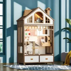 The Decor Haven Haustierzubehör-Luxuriöses Katzenhaus aus Holz – gemütlicher Unterschlupf für den Innenbereich