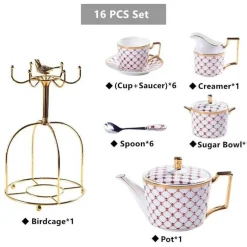 The Cozy Mug Küche & Esszimmer-Luxuriöses Tee- und Kaffeeset aus Bone China – Elegante Kanne und Tassen aus goldfarbenem Porzellan