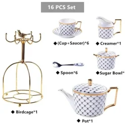 The Cozy Mug Küche & Esszimmer-Luxuriöses Tee- und Kaffeeset aus Bone China – Elegante Kanne und Tassen aus goldfarbenem Porzellan