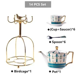 The Cozy Mug Küche & Esszimmer-Luxuriöses Tee- und Kaffeeset aus goldenem Bone China – nordisches Porzellan, Teekanne, Tassen, Zuckerdose, Milchkännchen