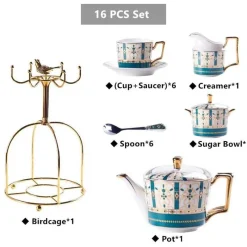 The Cozy Mug Küche & Esszimmer-Luxuriöses Tee- und Kaffeeset aus goldenem Bone China – nordisches Porzellan, Teekanne, Tassen, Zuckerdose, Milchkännchen