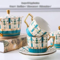 The Cozy Mug Küche & Esszimmer-Luxuriöses Tee- und Kaffeeset aus goldenem Bone China – nordisches Porzellan, Teekanne, Tassen, Zuckerdose, Milchkännchen