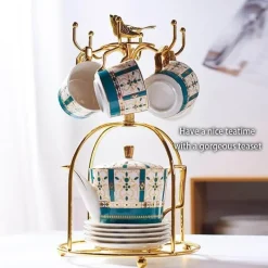 The Cozy Mug Küche & Esszimmer-Luxuriöses Tee- und Kaffeeset aus goldenem Bone China – nordisches Porzellan, Teekanne, Tassen, Zuckerdose, Milchkännchen