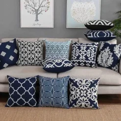 Pillow Haven Bettzeug-Marineblauer weißer Vierpass-Kissenbezug – 45 x 45 cm, bestickter Kissenbezug